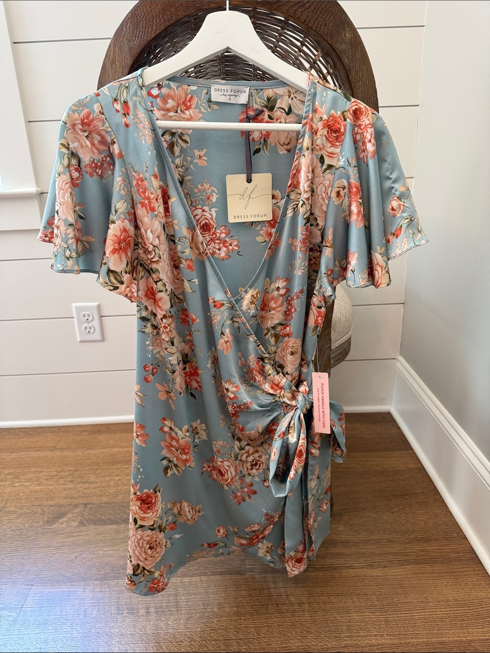 Dress Forum Floral Wrap Mini Dress in Dusty Blue and Rose